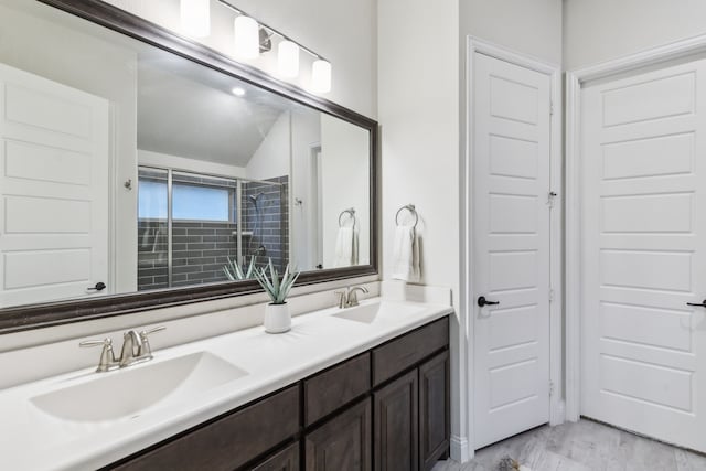 10113 Warberry Trl, Fort Worth, TX 76131 - bathroom with double vanity, tiled shower, and vaulted ceiling
