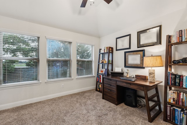 10113 Warberry Trl, Fort Worth, TX 76131 - office area with light colored carpet, a ceiling fan, vaulted ceiling, and baseboards