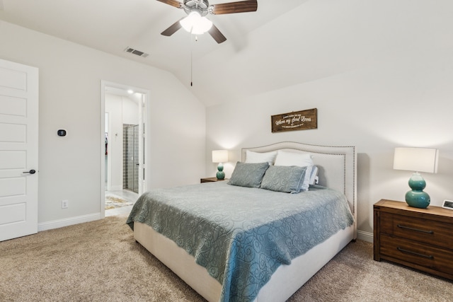 10113 Warberry Trl, Fort Worth, TX 76131 - carpeted bedroom featuring vaulted ceiling, baseboards, a ceiling fan, and ensuite bathroom