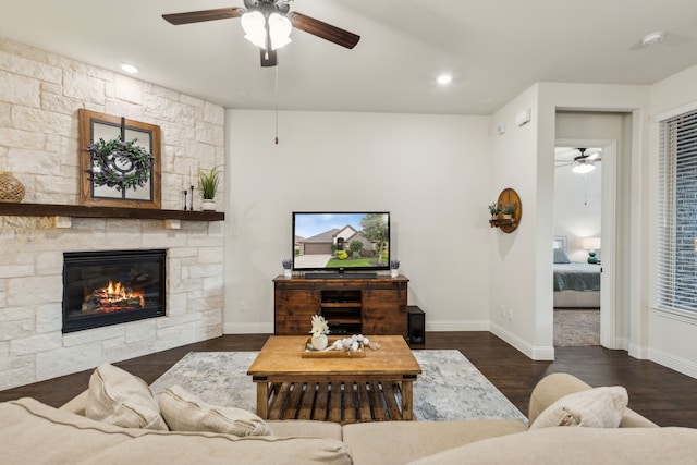 10113 Warberry Trl, Fort Worth, TX 76131 - living area featuring a ceiling fan, a fireplace, wood finished floors, baseboards, and recessed lighting