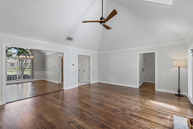 213 Redwood Ct, Keller, TX 76248 - unfurnished living room featuring a ceiling fan, high vaulted ceiling, baseboards, wood finished floors, and ornamental molding