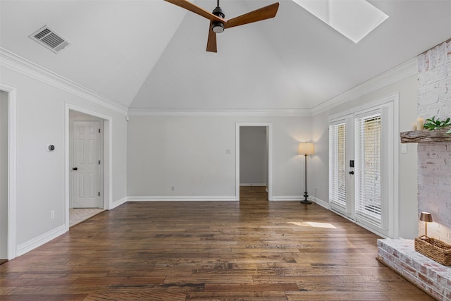 213 Redwood Ct, Keller, TX 76248 - unfurnished living room with vaulted ceiling, wood finished floors, ceiling fan, a skylight, and baseboards