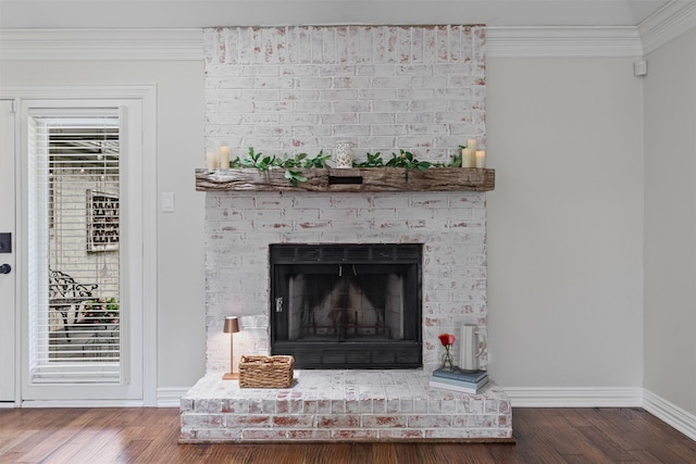 213 Redwood Ct, Keller, TX 76248 - detailed view of baseboards, ornamental molding, wood finished floors, and a fireplace