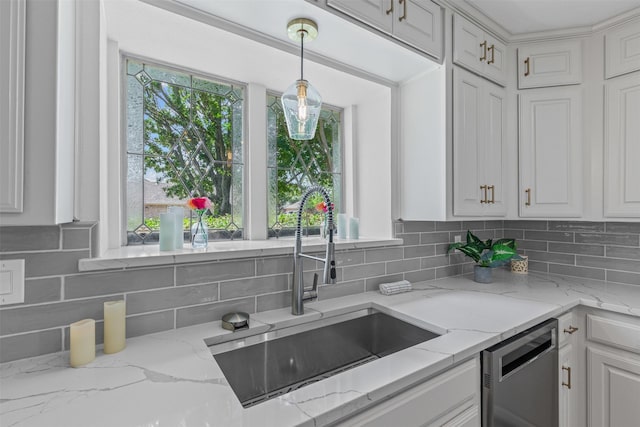 213 Redwood Ct, Keller, TX 76248 - kitchen with a sink, stainless steel dishwasher, tasteful backsplash, and white cabinets