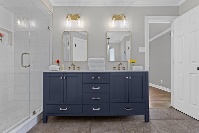 213 Redwood Ct, Keller, TX 76248 - bathroom featuring double vanity, ornamental molding, a stall shower, baseboards, and tile patterned flooring