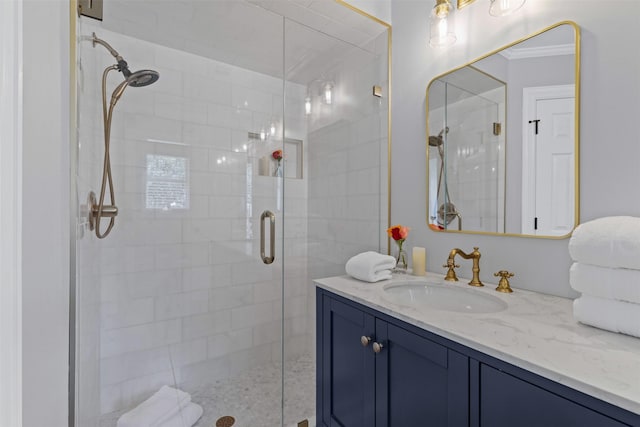213 Redwood Ct, Keller, TX 76248 - full bathroom featuring a stall shower, vanity, and ornamental molding