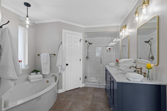 213 Redwood Ct, Keller, TX 76248 - bathroom with a shower stall, a bath, double vanity, crown molding, and tile patterned flooring