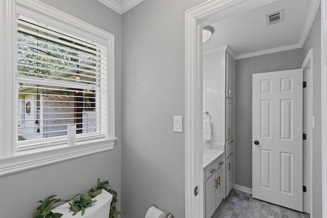 213 Redwood Ct, Keller, TX 76248 - bathroom with vanity, crown molding, toilet, and baseboards