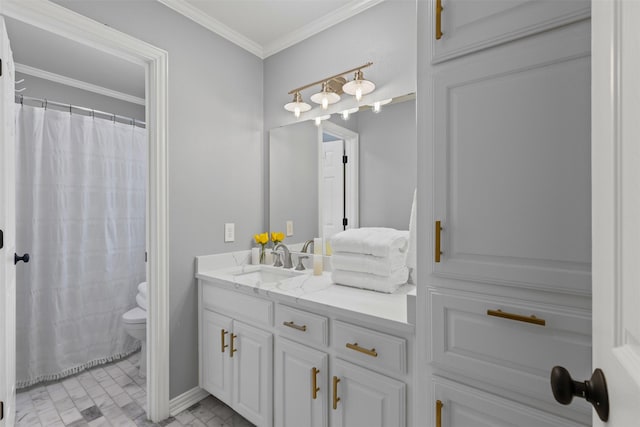 213 Redwood Ct, Keller, TX 76248 - bathroom with toilet, vanity, ornamental molding, and a shower with curtain