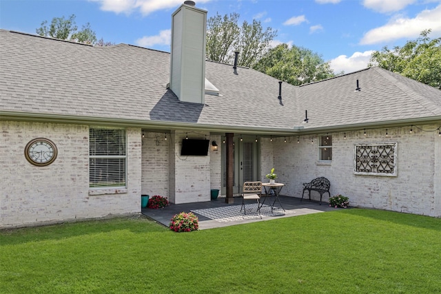 213 Redwood Ct, Keller, TX 76248 - back of house featuring roof with shingles, a chimney, a patio, a yard, and brick siding