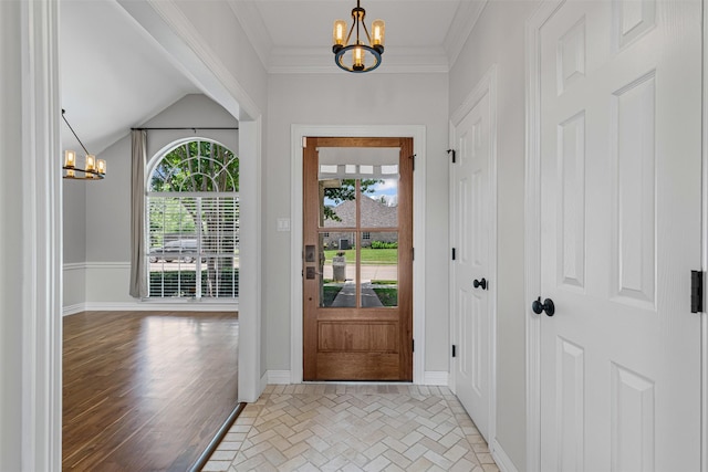 213 Redwood Ct, Keller, TX 76248 - entryway featuring a chandelier, baseboards, brick patterned floors, crown molding, and vaulted ceiling