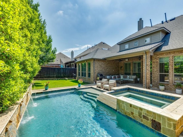 2040 Grassland Dr, Allen, TX 75013 - view of swimming pool with an outdoor living space, a pool with connected hot tub, a patio area, and ceiling fan