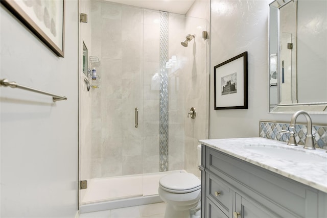 2772 Summertree Dr, Carrollton, TX 75006 - full bathroom with toilet, vanity, a stall shower, and tile patterned flooring