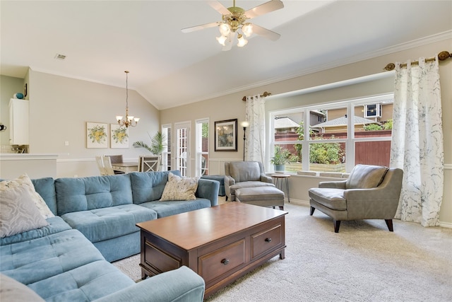 2772 Summertree Dr, Carrollton, TX 75006 - living area featuring a chandelier, vaulted ceiling, a ceiling fan, light colored carpet, and baseboards