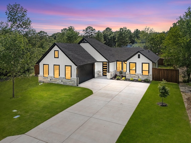 605 Utopia Rd, Tool, TX 75143 - modern farmhouse style home featuring stone siding, driveway, a shingled roof, an attached garage, and board and batten siding