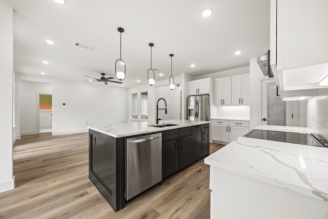 605 Utopia Rd, Tool, TX 75143 - kitchen featuring stainless steel appliances, a sink, a ceiling fan, white cabinets, and a kitchen island with sink