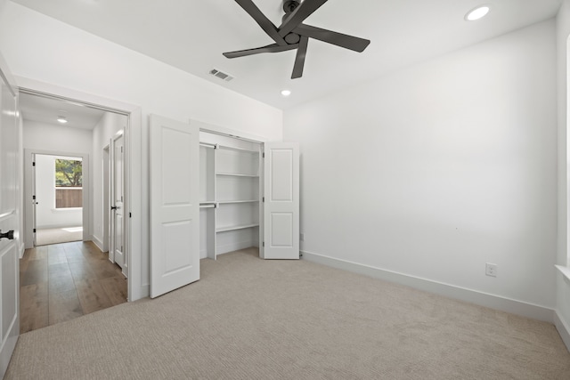 605 Utopia Rd, Tool, TX 75143 - unfurnished bedroom featuring recessed lighting, a closet, baseboards, light carpet, and ceiling fan