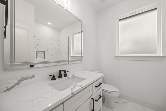 605 Utopia Rd, Tool, TX 75143 - bathroom featuring marble look tiles, vanity, toilet, and baseboards