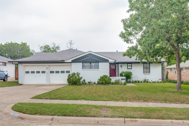 9139 Bretshire Dr, Dallas, TX 75228 - ranch-style home with a garage, driveway, a front lawn, brick siding, and a shingled roof