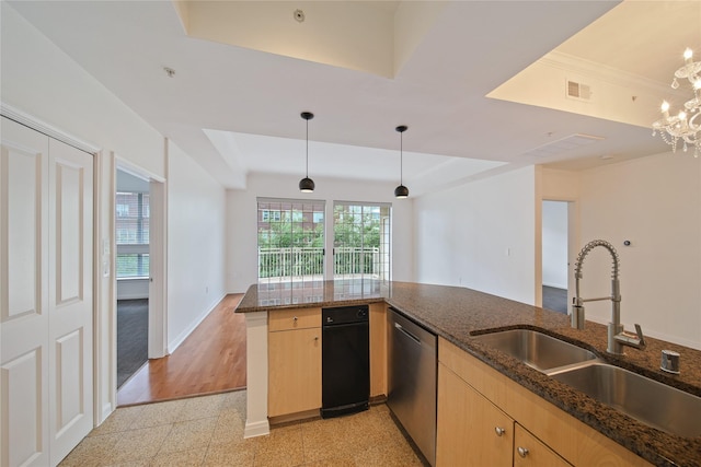 3225 Turtle Creek Blvd Unit 320, Dallas, TX 75219 - kitchen featuring stainless steel dishwasher, a sink, dark stone countertops, and light brown cabinets