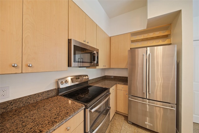 3225 Turtle Creek Blvd Unit 320, Dallas, TX 75219 - kitchen with stainless steel appliances, light brown cabinets, open shelves, and dark stone countertops