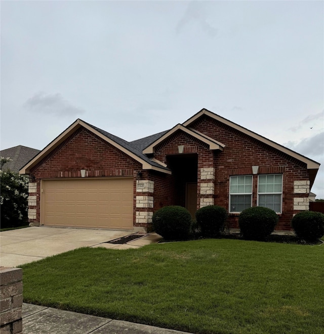 12645 Foxpaw Trl, Fort Worth, TX 76244 - view of front of home with brick siding, concrete driveway, a garage, and a front lawn