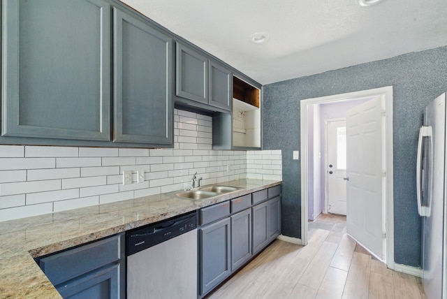 5608 Humbert Ave, Fort Worth, TX 76107 - kitchen featuring stainless steel appliances, a sink, light wood-style floors, decorative backsplash, and open shelves