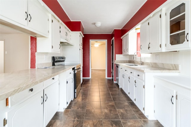 1619 Marquette Dr, Richardson, TX 75081 - kitchen with appliances with stainless steel finishes, a sink, ceiling fan, under cabinet range hood, and tasteful backsplash