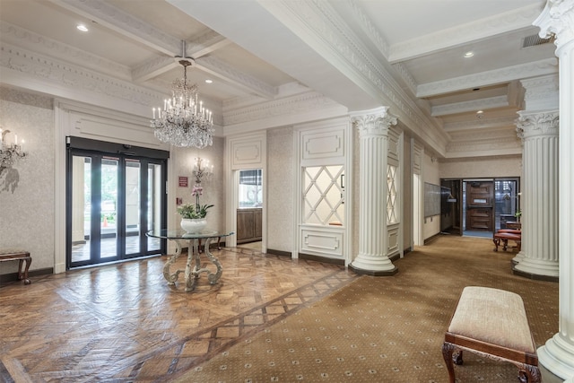 6335 W NW Hwy Unit 1314, Dallas, TX 75225 - common area with beam ceiling, coffered ceiling, crown molding, and recessed lighting