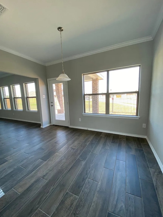 523 Long Pr, Royse City, TX 75189 - unfurnished dining area with dark wood-type flooring, baseboards, and ornamental molding