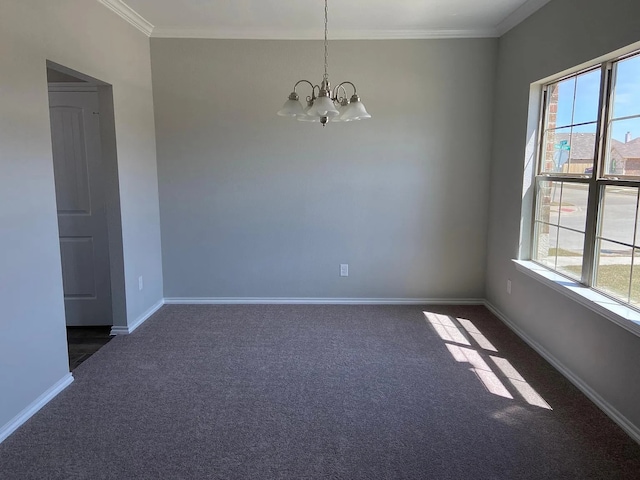 523 Long Pr, Royse City, TX 75189 - empty room featuring a chandelier, carpet flooring, baseboards, and ornamental molding