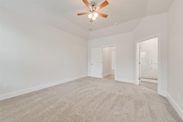 137 Willow Ln, Roanoke, TX 76262 - unfurnished bedroom with light carpet, baseboards, connected bathroom, high vaulted ceiling, and a ceiling fan