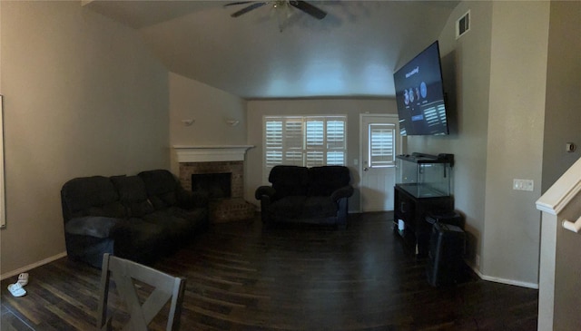 206 Bison Meadow Dr, Waxahachie, TX 75165 - living room with a ceiling fan, baseboards, wood finished floors, a fireplace, and lofted ceiling