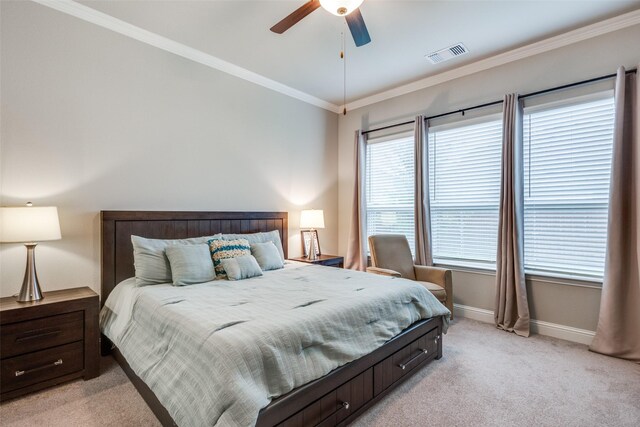 1421 Benavites Dr, Little Elm, TX 75068 - bedroom with light carpet, ornamental molding, baseboards, and a ceiling fan