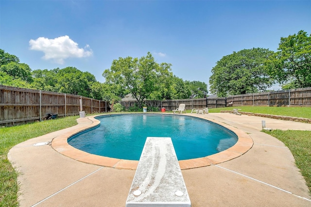 502 Roaring Springs Dr, Joshua, TX 76058 - view of pool with a fenced backyard, a diving board, a patio area, and view of wooded area