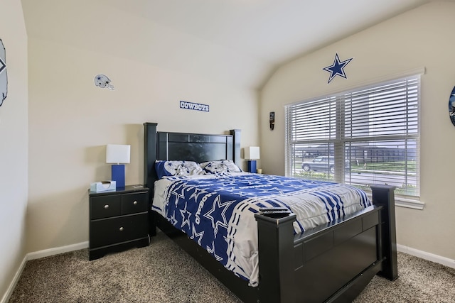 3446 Kirby Ln, Forney, TX 75126 - bedroom with dark colored carpet, baseboards, and vaulted ceiling