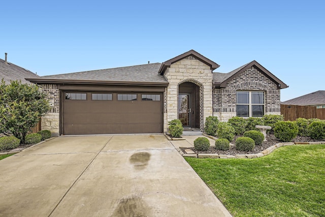 3446 Kirby Ln, Forney, TX 75126 - french provincial home with concrete driveway, an attached garage, stone siding, and roof with shingles