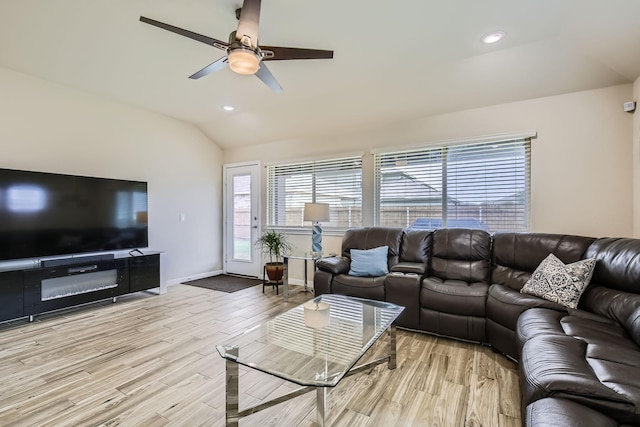 3446 Kirby Ln, Forney, TX 75126 - living room featuring light wood finished floors, ceiling fan, lofted ceiling, baseboards, and recessed lighting