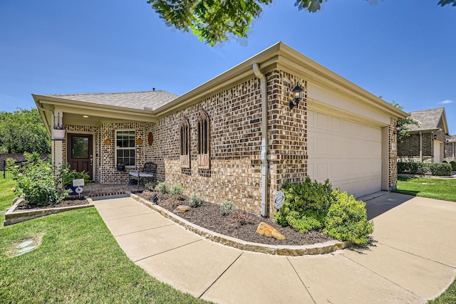 8745 Twin Pines Ln, Frisco, TX 75036 - ranch-style house with brick siding, a garage, concrete driveway, and a shingled roof