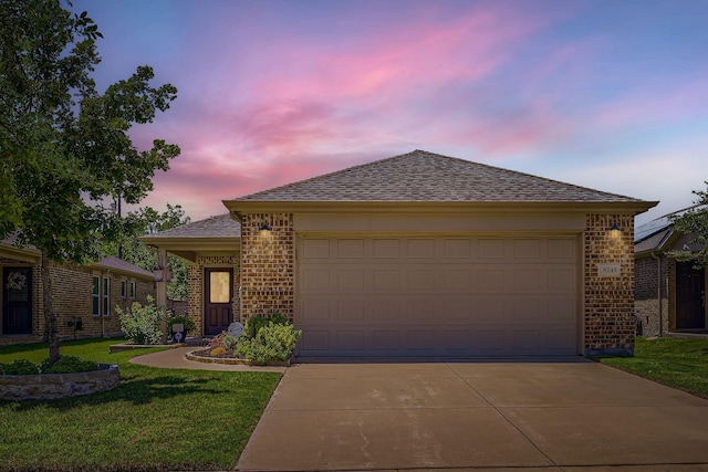 8745 Twin Pines Ln, Frisco, TX 75036 - ranch-style house featuring brick siding, concrete driveway, roof with shingles, a lawn, and an attached garage