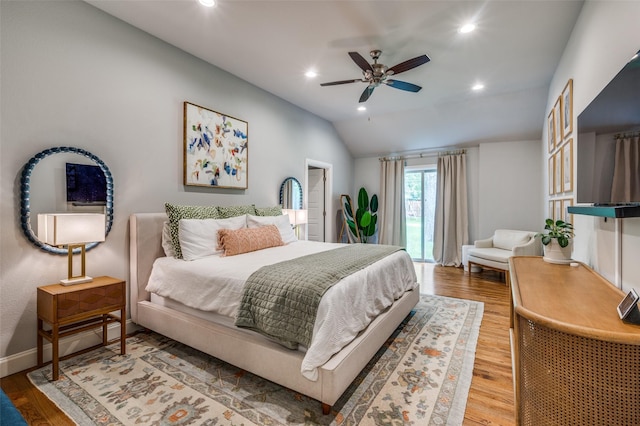 4017 Piedmont Rd, Fort Worth, TX 76116 - bedroom with light wood-style flooring, lofted ceiling, recessed lighting, baseboards, and ceiling fan