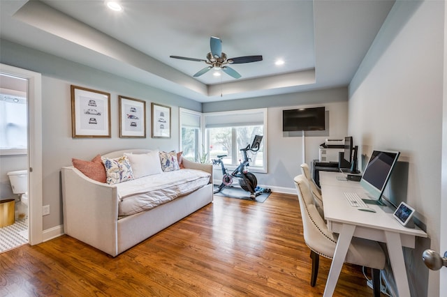 4017 Piedmont Rd, Fort Worth, TX 76116 - office space with wood finished floors, a ceiling fan, a raised ceiling, baseboards, and recessed lighting