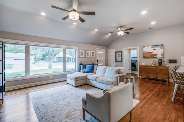 4017 Piedmont Rd, Fort Worth, TX 76116 - living area featuring washer / dryer, a ceiling fan, dark wood-type flooring, vaulted ceiling, and recessed lighting