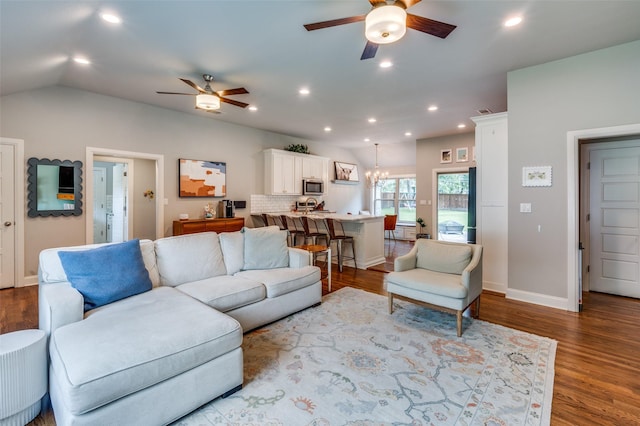 4017 Piedmont Rd, Fort Worth, TX 76116 - living room with ceiling fan, wood finished floors, baseboards, recessed lighting, and lofted ceiling