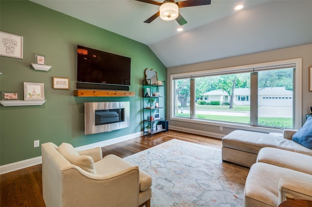 4017 Piedmont Rd, Fort Worth, TX 76116 - living area featuring baseboards, wood finished floors, a ceiling fan, vaulted ceiling, and recessed lighting