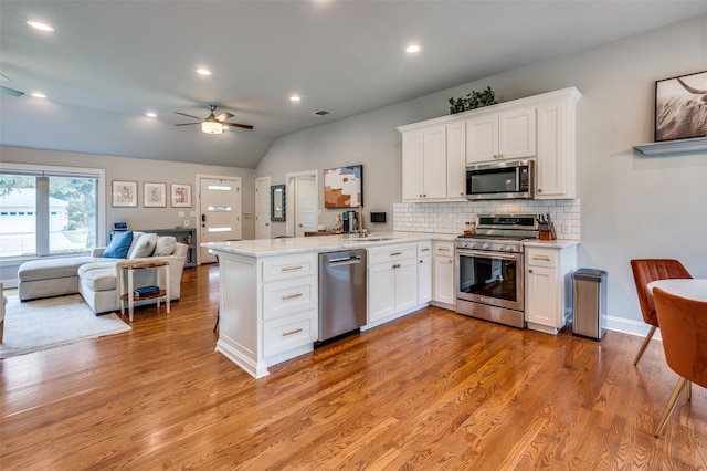 4017 Piedmont Rd, Fort Worth, TX 76116 - kitchen featuring stainless steel appliances, a peninsula, open floor plan, a ceiling fan, and backsplash