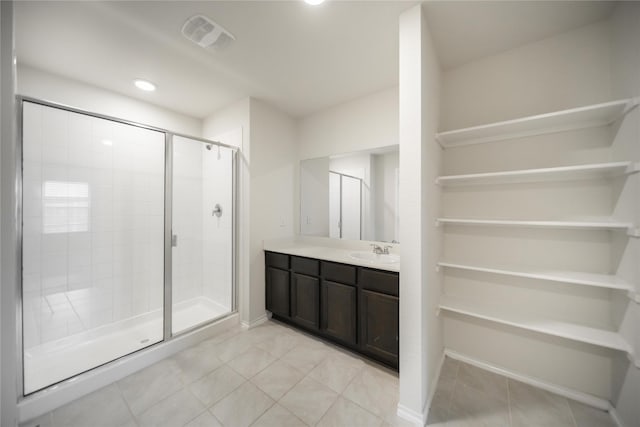 708 Rustic Meadows Trl, Princeton, TX 75407 - full bathroom with vanity, a shower stall, tile patterned flooring, baseboards, and recessed lighting