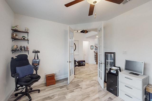 1429 Shooting Star Dr, Haslet, TX 76052 - office area with french doors, a ceiling fan, light wood-style floors, and baseboards