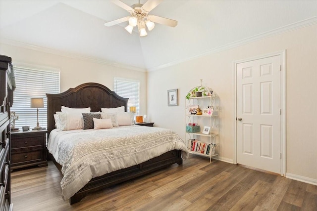 713 Tahoe Trl, Hewitt, TX 76643 - bedroom featuring wood finished floors, high vaulted ceiling, baseboards, a ceiling fan, and ornamental molding