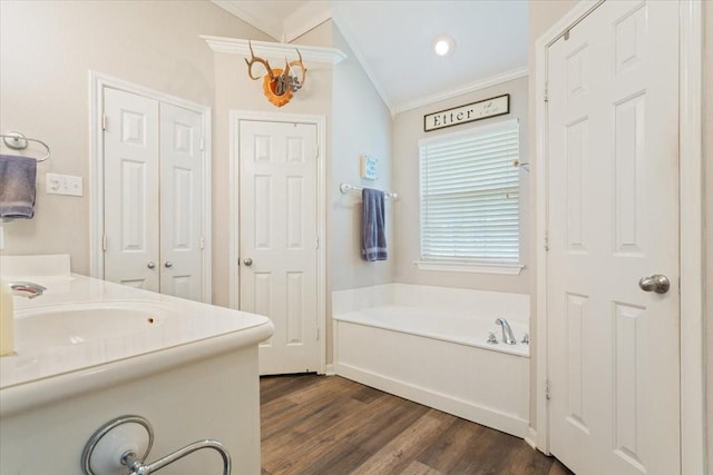 713 Tahoe Trl, Hewitt, TX 76643 - bathroom with crown molding, a garden tub, wood finished floors, and vanity